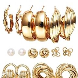 11 Pairs Combo Set Latest Stylish Vintage Pearl Earrings for Women Gold Plated Dangle Earrings Heart Butterfly Hoop Earrings Geometric Fashion Jewelry-47
