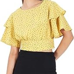 Yellow Polyester Floral Ruffle Crop Top for Women-image-23