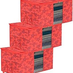 Kuber Industries Underbed Storage Bag | Clothes Storage Bag | Blanket Cover with Clear Window | Zipper Closure & Handle Cloth Organizer | New Flower-Design | Large | Pack of 3 | Red-4