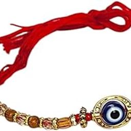 Traditional Rakhi Bracelet with Gold-Toned Beads, Purple Stones and Red Thread-image-79