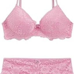 Padded Push Up Bra Panty Pink Lingerie Set for Women-image-93
