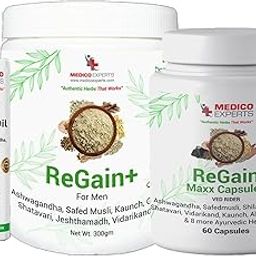 MedicoExperts ReGain Maxx 60 Capsules, ReGain Maxx Massage Oil 50ml, Regain + Powder 300gm | Combination of 35 Ayush Approved Herbs | Helps to Improve Performance, Muscle Strength, Stamina (1 Month)-0