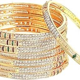Fashion Women's Latest Traditional Gold Plated Brass Red & Green American Diamond Studded Bangle Set Of 8 Bangle Jewellery For Girl and Women (2.4)-16
