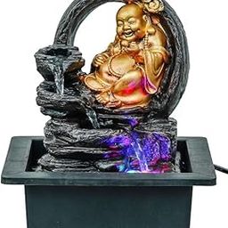 Idalia Homes Golden Brown Polyresin Tabletop Laughing Buddha 3 Step Indoor Water Fountain for Home Decor with LED, Speed Control Pump-picture-17