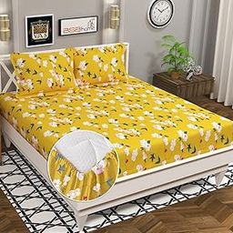 VAS COLLECTIONS Premium Cotton 160tc Elastic Fitted Bedsheets with 2 Pillow Covers | Double Bed with Corner Elastic Wrinkelfree Supersoft Floral Pattren|Size-72 x 68 + 6 inches | Mustarded & Green-26