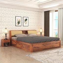 SONA ART & CRAFTS Hades Solid Sheesham Wood King Size Bed with Storage Box | Wooden King Size Cot Bed | Upholstered Beds Double Bed with Box for Home - Teak Finish (Assembly Included)-picture-9