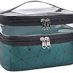 PVC Transparent Makeup Bags Double Layer Travel Cosmetic Cases Make Up Organizer Toiletry Bag with 2 Zipper for Women & Girl (Diamond Green)-image-17