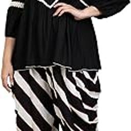 Rayon Peplum Top & Striped Harem Pants Indo Western Plus Size Co-Ord Set for Women's|Keyhole Neck 3/4 Puff Sleeves|Ladies Party Outfits Ethnic Summer Collection Stylish Fusion Wear-image-15