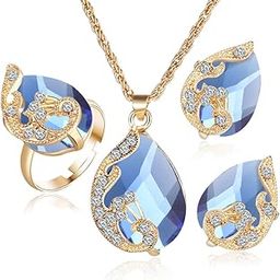 Latest Stylish Design Fancy Crystal Ring Earrings Pendant Necklace Jewellery Set for Women | 3 Pcs Combo Jewellery Wedding Anniversary Birthday Engagement Valentine Gift Set-7