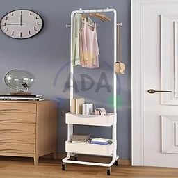 ADA Heavy Duty Metal Iron Cloth Stand For Bedroom With 2 Plastic Storage Baskets,Rolling Garment Rack With Side Hooks For Bedroom,Dressing Room,Laundry Room And Showroom[White],42x37.5x150 CM-image-54