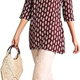 Women's Poly Rayon Floral Printed Short Kurti with V Neck 3/4 Sleeves Straight Hem Length | Floral Print Kurti | Maroon-45
