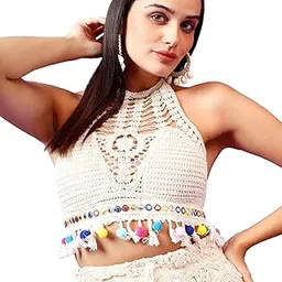icw Women's Crochet Halter Neck Padded Bikini Tops Backless Lace Up Beachwear Bralette Crop Top 102 (One Size XS-S) Bust 28-34 Inch-picture-20