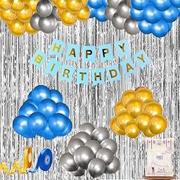 Party Propz Happy Birthday Decoration Kit - 53Pc Birthday Decoration Items for Boys with Silver foil curtain, Happy Birthday Banner(Cardstock) with Ribbon, Multicolour Metallic Balloons for Decoration-image-90
