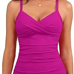 Women's Tankini Top Swimwear Twist V Neck Swimsuits Tummy Control Bathing Suits Top Only, Hot Pink, M-image-32