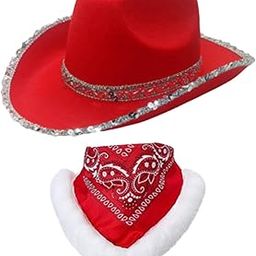 Christmas Cowboy Hat Cosplay Men Women Wide Brim Cap Party with Bandana Style B Red-image-50