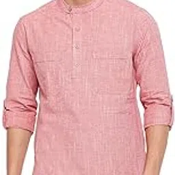 fabindia Men Chinese Collar Short Kurta Cotton_Pink-picture-22
