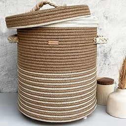 Nobbys Jute Cotton Striped Laundry Basket with Lid (14"D x 18"H) - 45 Litres,multicolour-picture-45