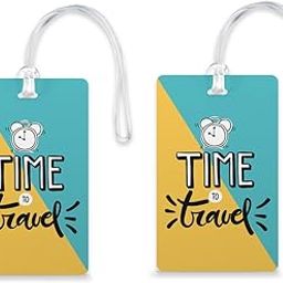 Rhymex Time to Travel Luggage Tags | Set of 2 Printed Bag ID Tags with Yellow & Blue Travel Elements Design | Waterproof | Multicolor-image-39