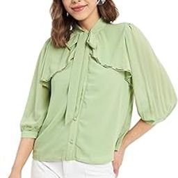 Tie-Up Neck Puff Sleeves Layered Shirt Style Top-picture-18