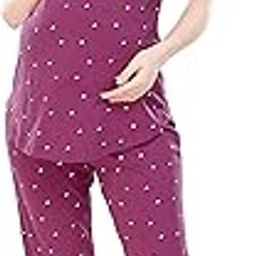 Women's Cotton Heart Printed Maternity & Feeding Relaxed Night Suit Set Of Top & Pyjama Nursing Night Dress 5327-10