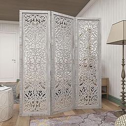 Wooden Room Partition - Foldable Wood Screen Separator for Living Room, Bedroom, Office, Restaurant || Full Jali, Distressed White - 3 Panel-image-99