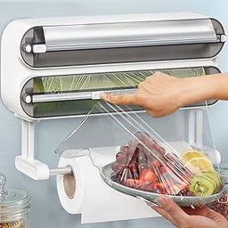ABOUT SPACE Magnetic Wrap Dispenser with Cutter - 4 in 1 Wall Mounted Wrap Holder with Cutter & Storage Kitchen Tissue Roll Holder Plastic/Cling Wrap Dispenser - Transparent (L 35.5 x B 8 x H 21 cm)-19
