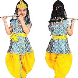 Sarvda Shree Krishna Dress for Baby Boy & Radha Dress for Girls | Janamashtami Dress | Fancy Dress Costume with Accessories Dhoti, Dupatta, Mukut Flute Complete set, Ethnic wear-image-19
