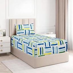 BSB HOME Glace Cotton 220 Tc Flat Single Bedsheets For Summer Breathable|Wrinklefree (Size-152 X 228 Cm) With 1 Pillow Covers (Size-17 X 27 Inches, Floral Printblue White & Green)-image-86