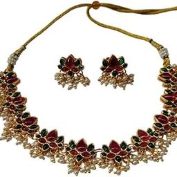 Maharashtrian Kamal Necklace Set with Lotus Motifs | Red and Green Stones | Pearl Hangings and Earrings | Traditional and Cultural Functions-image-85