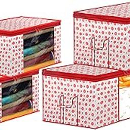 Homestic Dot Printed Foldable, Lightweight Non-Woven 2 Saree Cover & 2 Underbed Storage Bag Set For Saree, Clothes, Blankets With Tranasparent Window, Set of 4 (Pink)-46KM0612-14