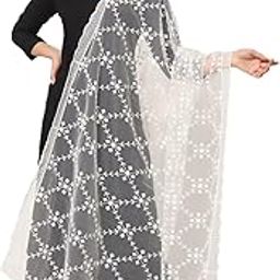 Women's White Net Dupatta with White Embroidery-27