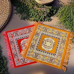 Weavers Villa Set of Prayer Mat/Aasan/Puja Mat/Meditation Mat/Multipurpose Velvet Rug Mats [Size: 2ft X 2ft] (Pack of 2)-14