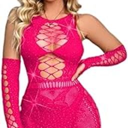 Rhinestones Studded Fishnet Teddy Bodysuit Without Lingerie - bodystocking for womens - Sheer bodysuit with sleeve-image-47