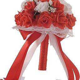 UJEAVETTE Wedding Bride Bouquet with Silk Ribbon for Anniversary Church Decoration Red-image-56