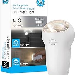 GE 3-in-1 LED Power Failure Night Light, Plug-In, Rechargeable, Light Sensing, Auto On/Off, Foldable Plug, Soft White, Emergency Flashlight, Hurricane, Storm, Tornado, Glossy White Finish, 11281-13