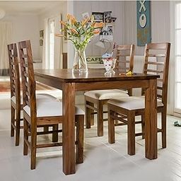SONA ART & CRAFTS Modern Furniture Solid Sheesham Wood Dining Table 4 Seater Dining Table Set with 4 Cushion Chairs Dinner Table Set for Dinning Room Home Hotel and Office (Natural Finish)-2