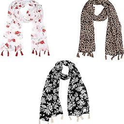 WOMEN FLORAL PRINTED TASSEL STOLE COMBO OF 3 (22X72INCH)-26