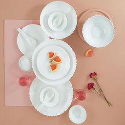 Larah by Borosil Plain White Silk Series Opalware Dinner Set | 35 Pieces for Family of 6 | Microwave & Dishwasher Safe | Bone-Ash Free | Crockery Set for Dining & Gifting | Plates & Bowls | White-131