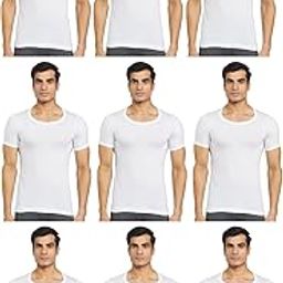 Men's Cotton Solid White Round Neck Half Sleeve Vest - Pack of 9 (#FL-Sky-White-RNS-85cm)-image-5