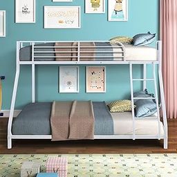 Bunk Bed Twin Over Full Sturdy Steel Metal Bed Frame with Flat Ladder and Guardrail for Children/Teens/Adults (White)-image-83
