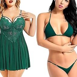 Combo Pack of 2 Babydoll Honeymoon Lingerie Nightwear Nighty Satin Women Bra Panty Beautifull Night Dress with Bikini Set-11