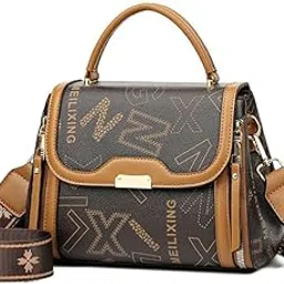 diva dale Womens Designer Monogram Print Handbag, Brown and Tan Leather, Crossbody Broad Strap with Pattern, Top Handle-picture-1