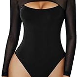 Womens Sheer Bodysuit Double Lined Long Sleeve Bodysuits Round Neck Shirt Going Out Tops for Women-image-47