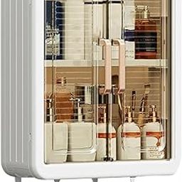 kaqer Wall-Mounted Bathroom Cabinet Organiser with Glass Doors and Hooks, White-picture-28