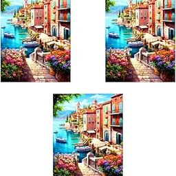 HASTHIP Diamond Painting Kit 12x16 inch DIY Art Craft Lakeside Town Scenery Material for Home Wall Decor Gift with Tools Accessories 3 PCS-image-35