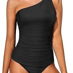 Two Piece Swimsuits for Women Tummy Control Bathing Suit One Shoulder Tankini Top with Bikini Bottoms-picture-0