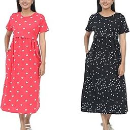 2-Pack Maternity and Nursing Cotton Dresses, Black with Stars and Red with Hearts Print, Zipless Design-image-137