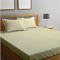 Klotthe OliveGreen Geometric 300 TC Cotton Blend Double Bedsheet Set in Book Fold Packing-image-1