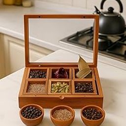 Wooden Masala Box with 6 Removable Compartments | Teakwood Spice Box with Glass Lid | Handmade Masala Dani for Kitchen | Spice Storage Organizer Container-image-28