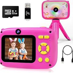 Kids Camera - 40MP Dual Selfie Digital Camera for Girls Boys 3-12 Years - 1080P HD Video - Time-Lapse Photography - 32GB SD Card - Rose-32